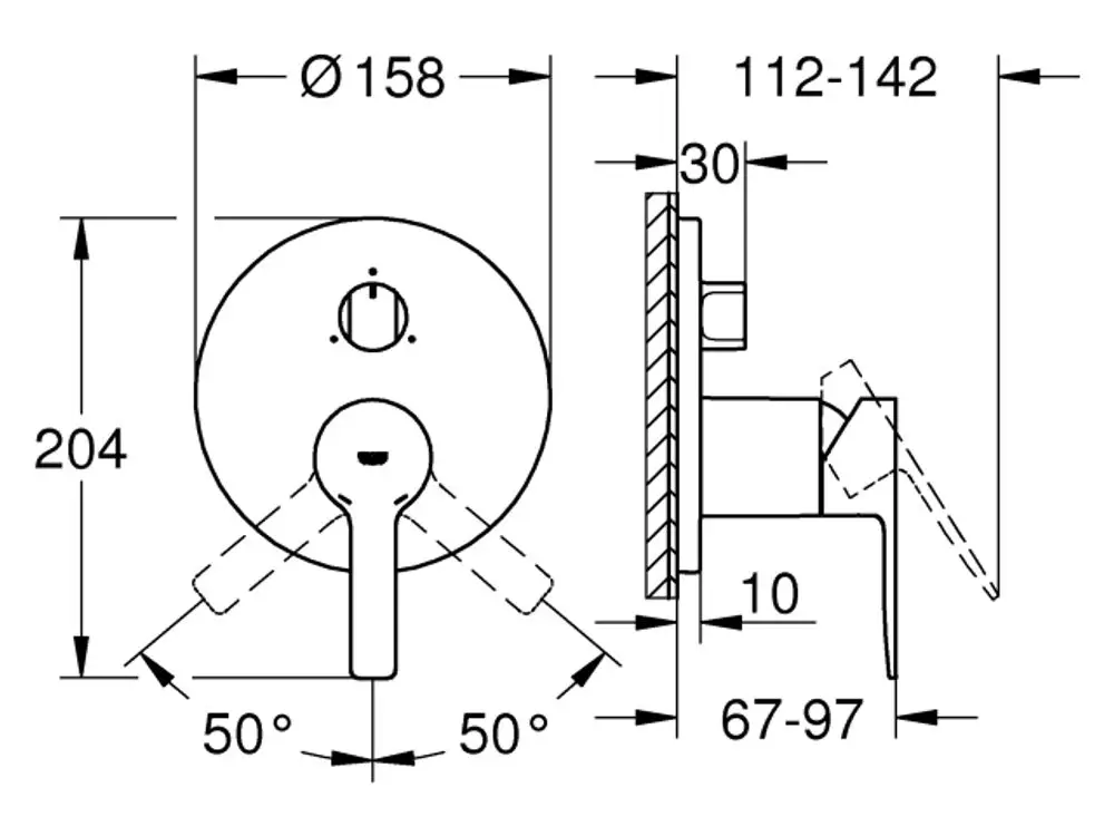 GROHE Armatur mit runder Frontplatte und Drehhebel, seitliche Anschlüsse und verschiedene Bohrungen, Skizze zeigt Maße und Installationsdetails.