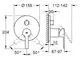 GROHE Armatur mit runder Frontplatte und Drehhebel, seitliche Anschlüsse und verschiedene Bohrungen, Skizze zeigt Maße und Installationsdetails.
