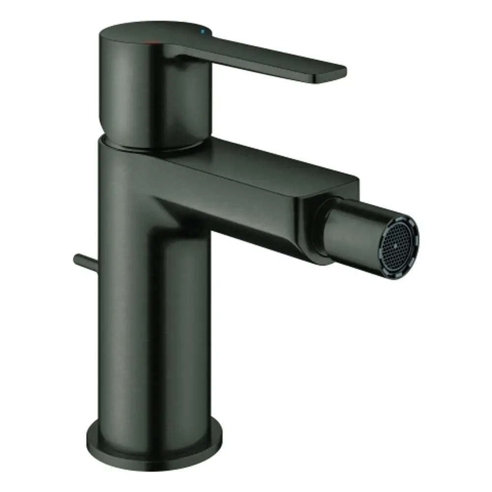 Bidetarmatur von Grohe in der Farbe hard graphite, mit Einlochmontage und einem seitlichen Hebel zur Temperatur- und Mengeneinstellung.