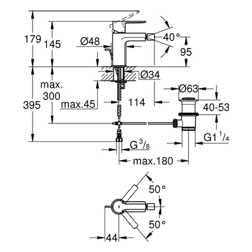 Ein GROHE Bidetmischer in gebürsteter Ausführung, mit Detailzeichnung für Einlochmontage. Maße und Anschlussvarianten sind im technischen Diagramm dargestellt.