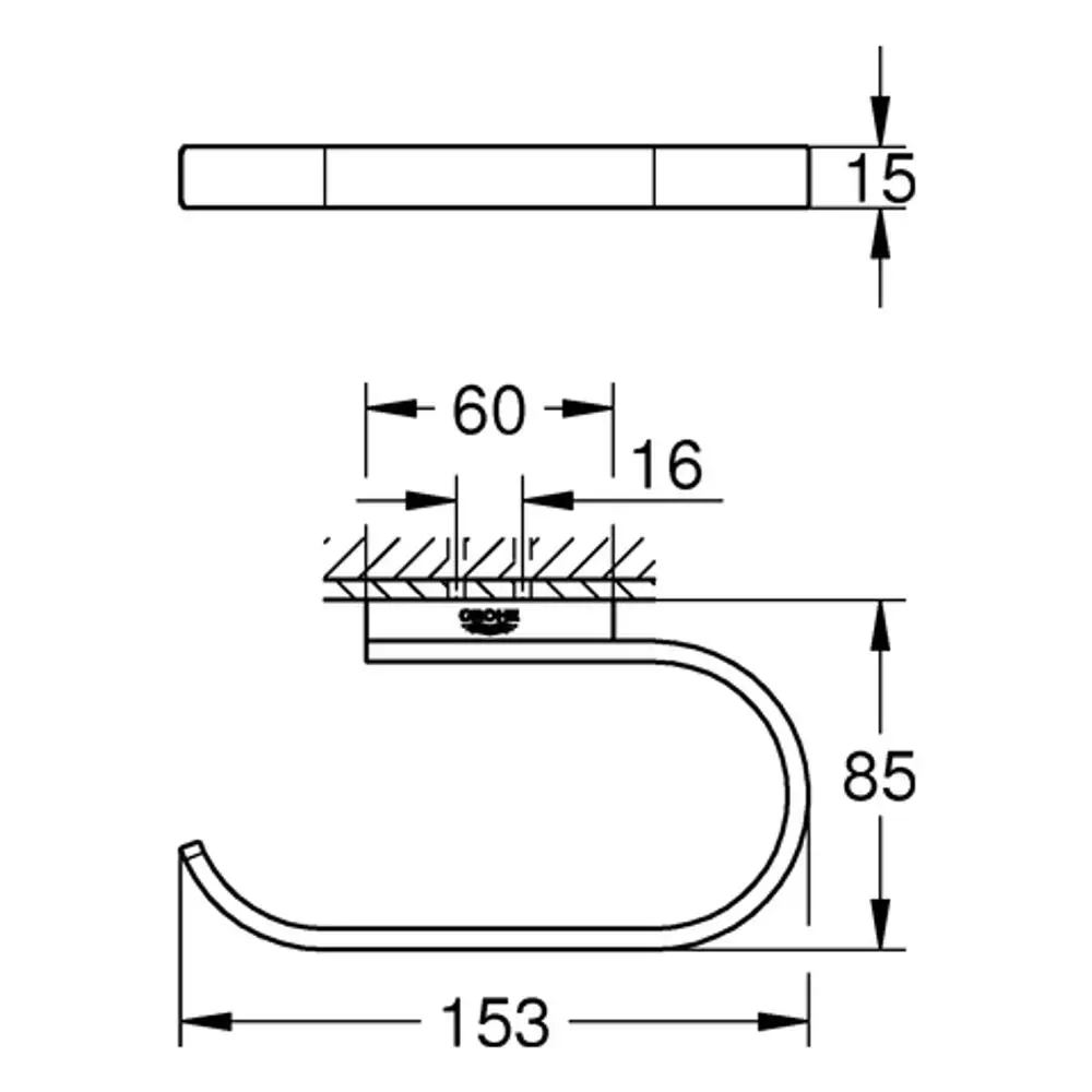 Wandmontierter GROHE WC-Papierhalter in einem einfachen Design, mit klaren Linien. Sichtbare Montagefläche mit Platz für Befestigungsschrauben.