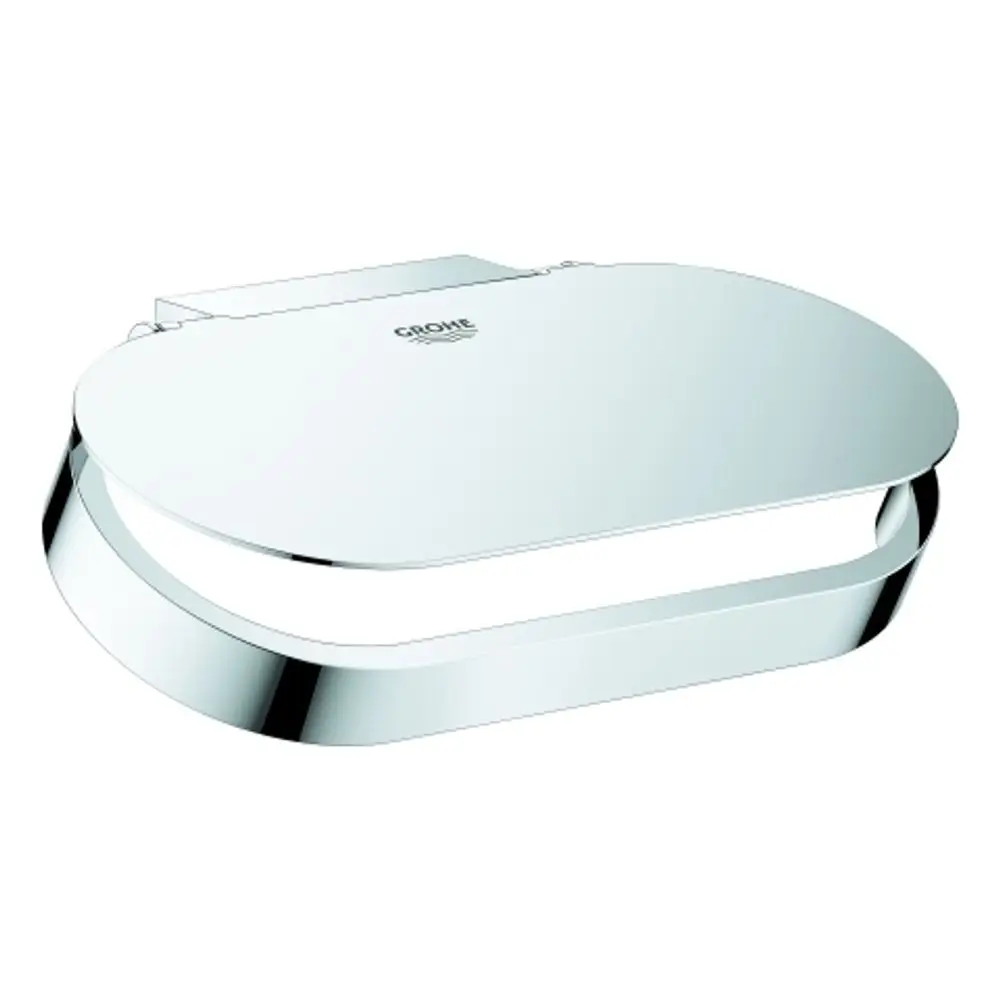 GROHE WC-Papierhalter mit Deckel in chrom, ovales Design, montiert an der Wand. Das Produkt zeigt eine glatte Oberfläche und einfache Handhabung.