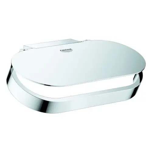 GROHE WC-Papierhalter mit Deckel in chrom, ovales Design, montiert an der Wand. Das Produkt zeigt eine glatte Oberfläche und einfache Handhabung.