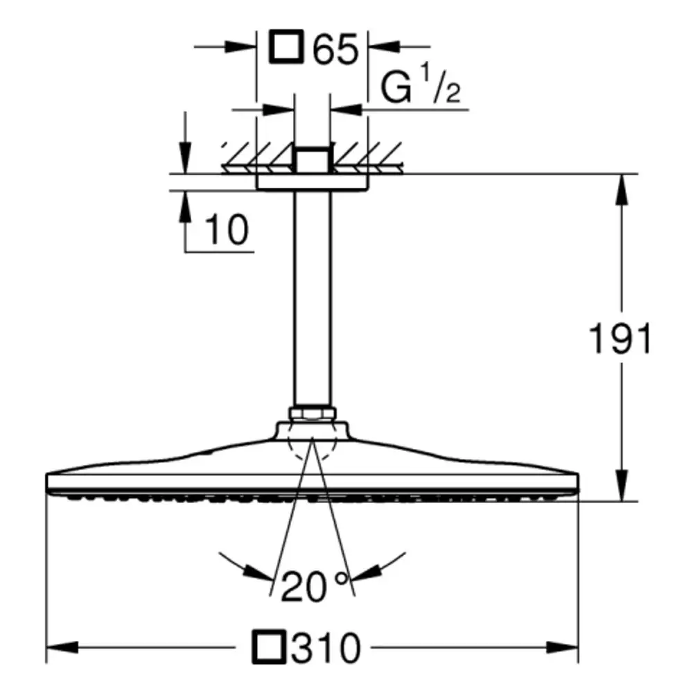 Grohe Kopfbrause mit quadratischem Kopf, einer Unterkante sowie einem zentralen Auslass. Sichtbare Befestigung und verstellbarer Neigungswinkel.