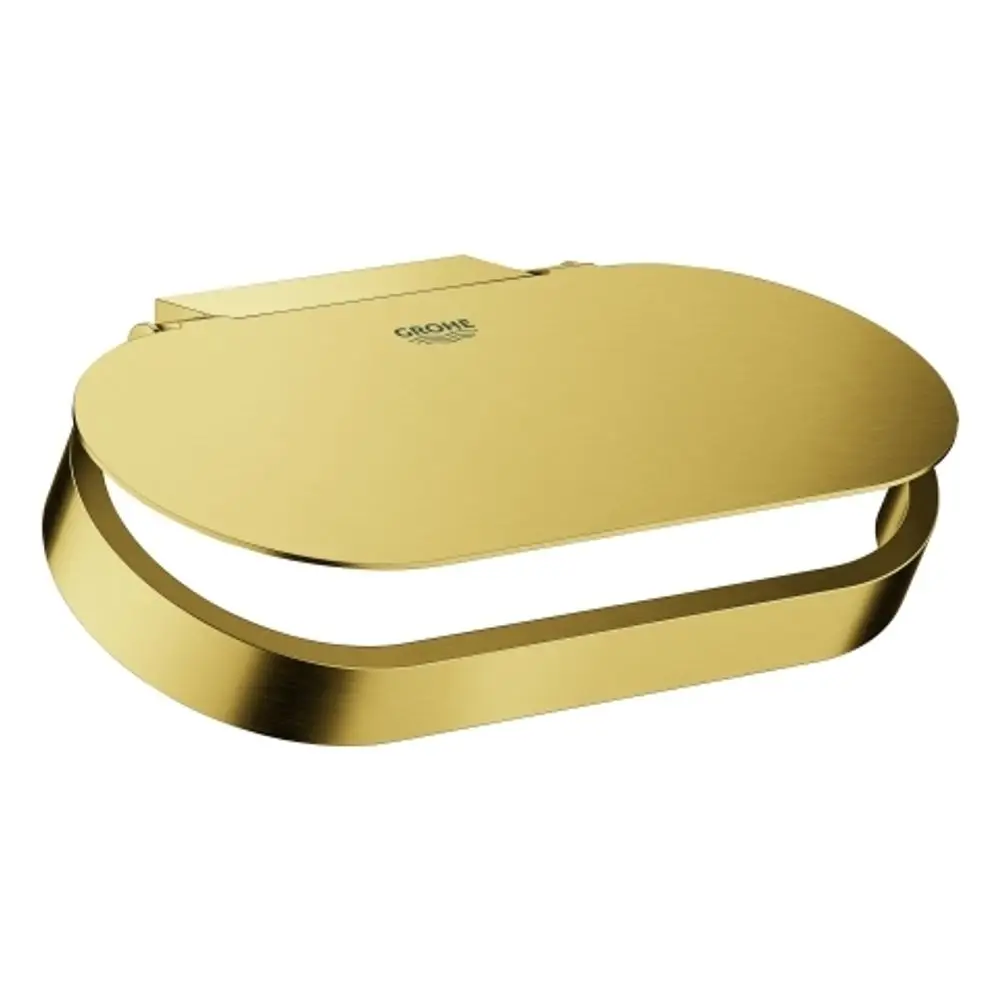 GROHE WC-Papierhalter mit Deckel in gebürsteter Gold-Optik, ovales Design mit offenem Halter und integriertem Deckel.