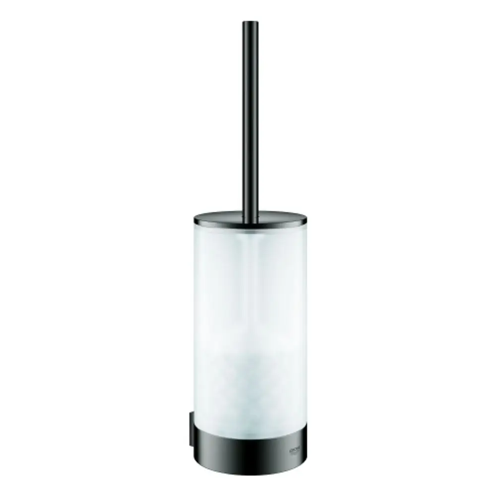 Glas WC-Bürstengarnitur von Grohe mit schwarzem Griff und Basis, designed für den Einsatz im Badezimmer. Transparenter Behälter sichtbar im unteren Bereich.