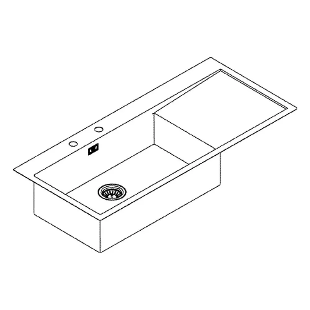 Edelstahlspüle von Grohe mit einem Becken, rechteckiger Form und Ablauf. Die Armatur umfasst zwei Öffnungen für Anschlüsse. Einbauvariante auf der linken Seite.