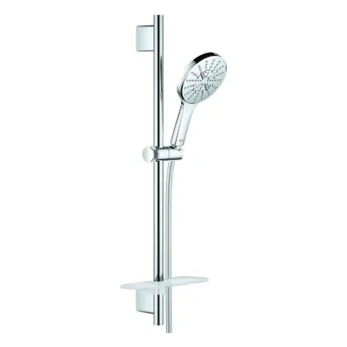 Grohe Brausestangenset mit Halterung für Handbrause, verchromte Oberfläche, integrierte Ablagefläche, vertikal montiert an einer Wand.