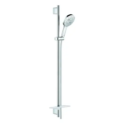 GROHE Brausestangenset mit verstellbarem Duschkopf, montiert an einer vertikalen Stange, mit Ablagefläche für Duschutensilien. Chromfinish.