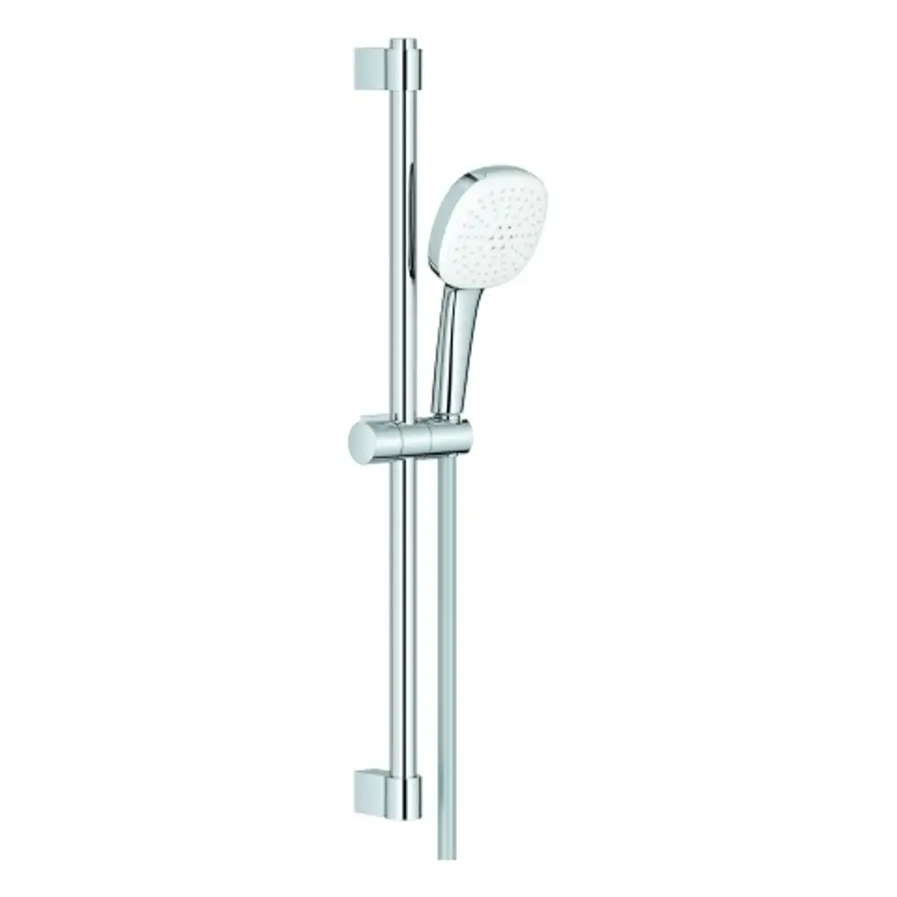 GROHE Brausestangenset mit Handbrause, verstellbar an einer vertikalen Stange. Chrome Oberfläche, zwei Strahlarten erkennbar.