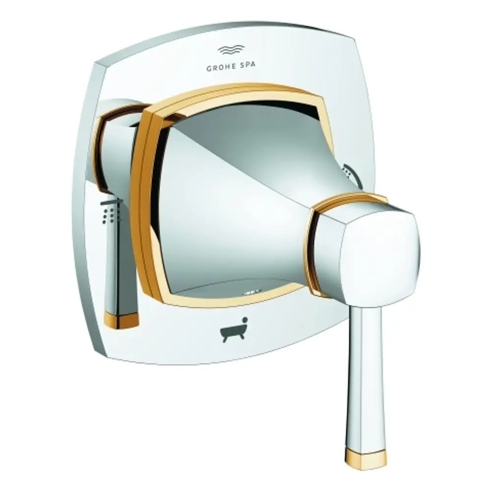 Grohe-Armatur mit einer zentralen Steuerung und einem schlichten Design in Chrom mit goldenen Akzenten, montiert auf einer quadratischen Wandplatte.