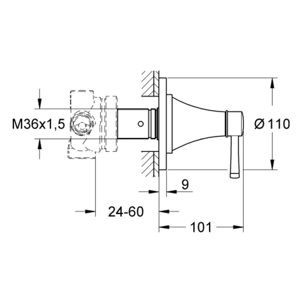 Technisches Zeichnungselement eines GROHE-Armaturensets mit verschiedenen Maßen und einem Design zur Wandmontage, einschließlich einer Umstellung und einem Hebel.