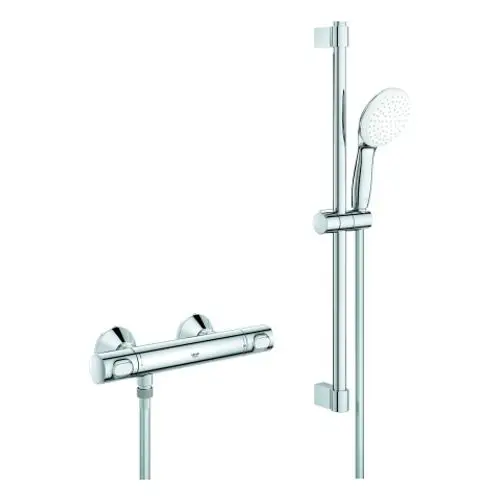 Grohe Duscharmatur mit Thermostat, ausgestattet mit Handbrause und verstellbarer Halterung, in chromfarbener Optik.