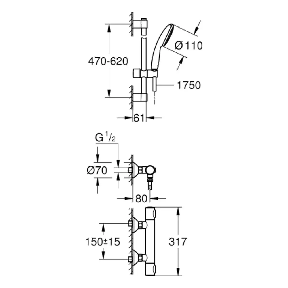 Brausebatterie von Grohe mit Brausegarnitur, Montageskizze mit Maßen und Anschlussdetails, zeigt die Positionierung und Dimensionen des Produkts.