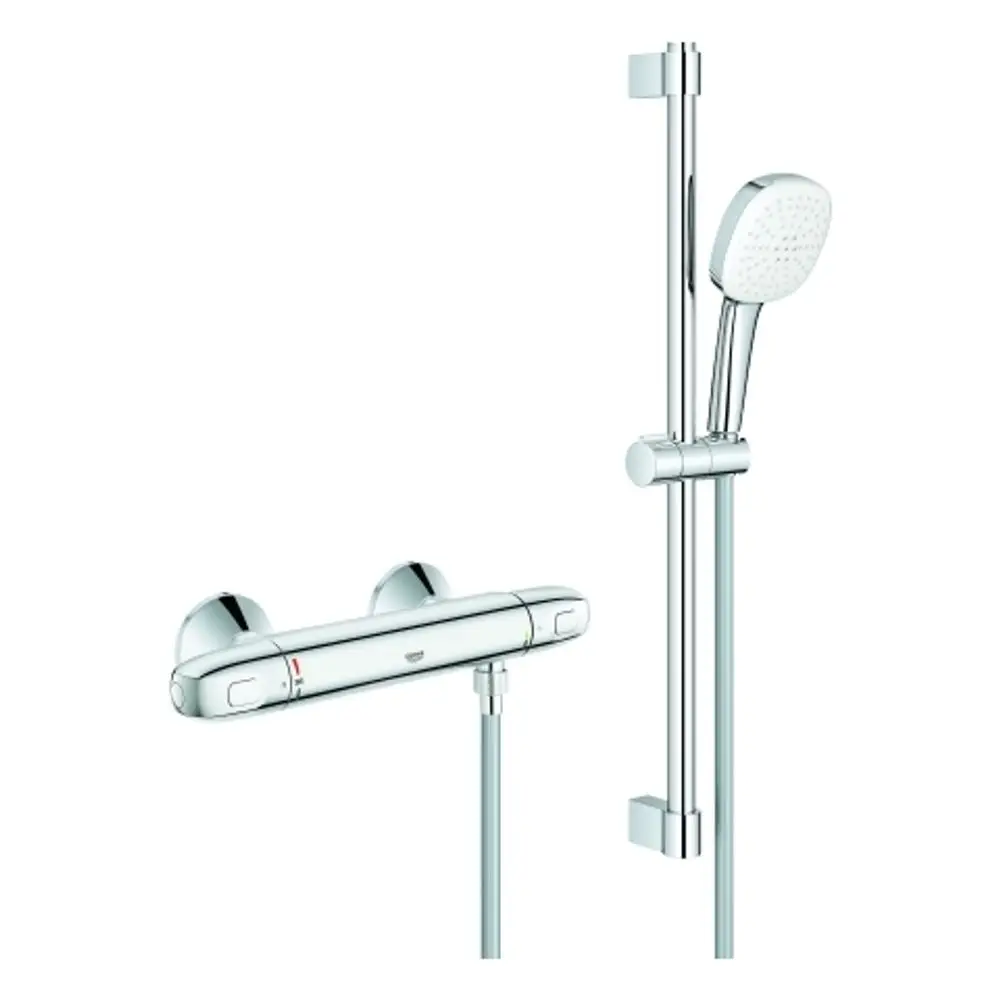 GROHE Duschelement mitThermostatarmatur und Handbrause. Chromoberfläche, Wandmontage mit verstellbarem Halter und Schlauch.