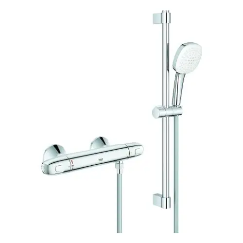 GROHE Duschelement mitThermostatarmatur und Handbrause. Chromoberfläche, Wandmontage mit verstellbarem Halter und Schlauch.