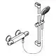 GROHE Duscharmatur mit Thermostat, bestehend aus einem Regler und einer Handbrause, montiert an einer Wand mit verticalem Halter.