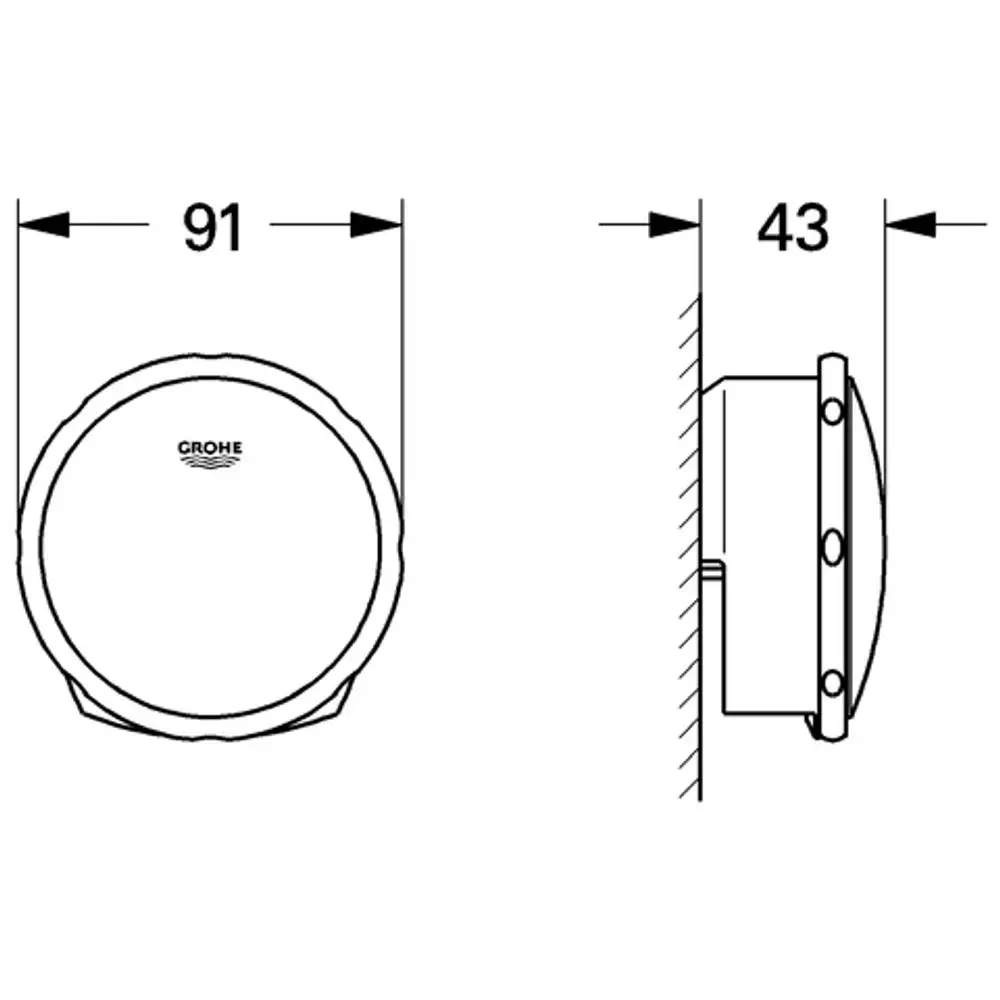 Runder Abflussdeckel von Grohe, mit einem Durchmesser von 91 mm und einer Höhe von 43 mm, dargestellt aus der Frontal- und Seitenansicht.