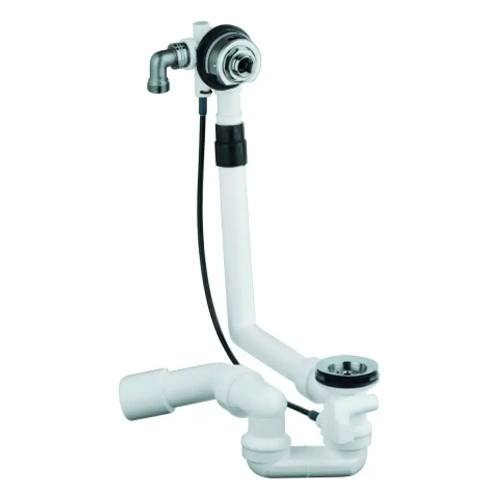 GROHE Wannenfüll-/Ab-/Überlaufgarnitur in weißer Ausführung, bestehend aus einem Unterbau mit verschiedenen Rohren und Anschlüssen für die Badewanne.