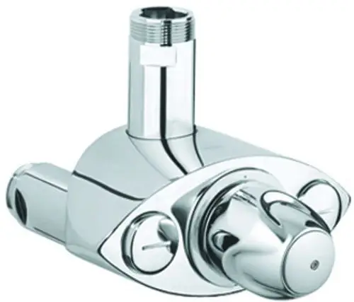 Chromfarbene Wandmontagearmatur von Grohe mit mehreren Anschlüssen und einem Drehregler zur Temperatur- und Wasserflussregelung.