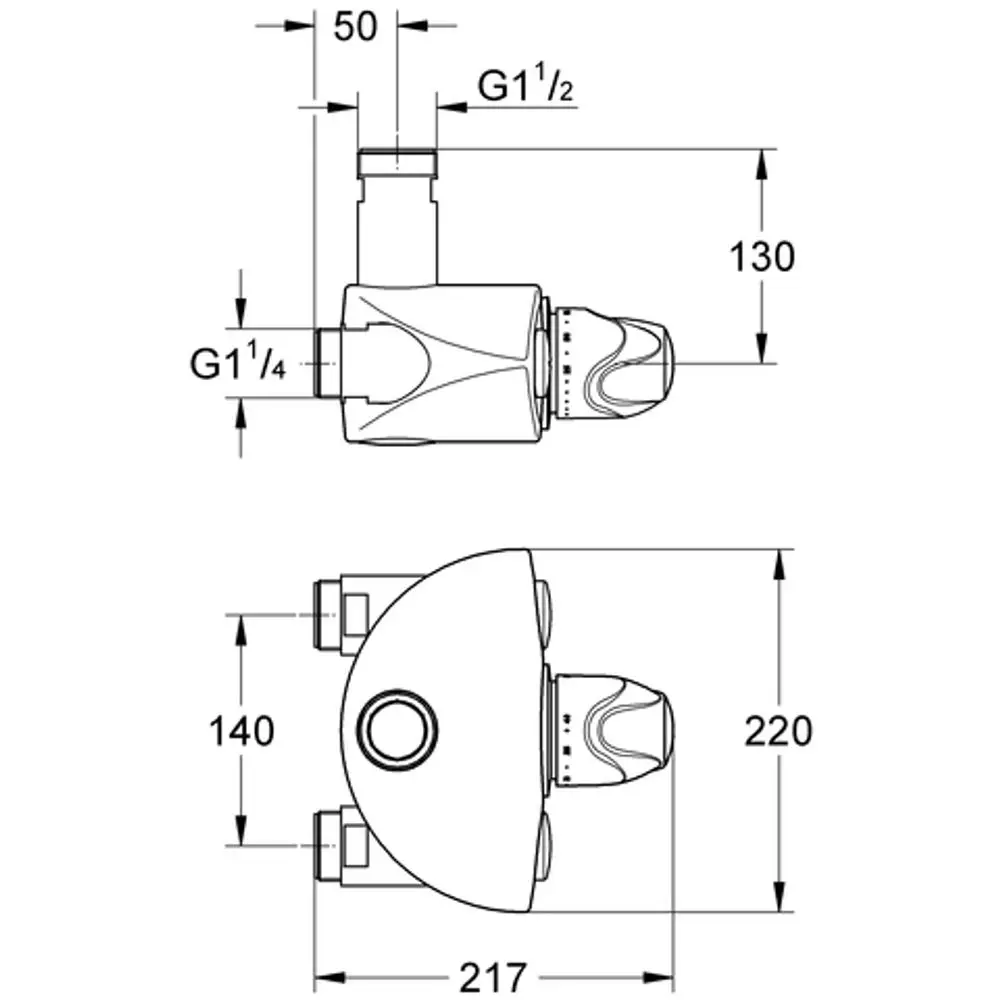 GROHE Mischbatterie in Wandmontage mit Anschlüssen, ein vertikales und ein horizontales Rohr, einfache Formgebung und zwei Anschlussmöglichkeiten.