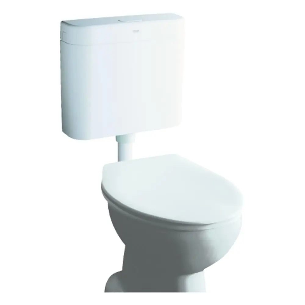 Weißer Aufputz-WC-Spülkasten von Grohe, mit verstellbarem Wasserverbrauch von 6-9 Litern, elementarer Bauform und minimalistischer Gestaltung.