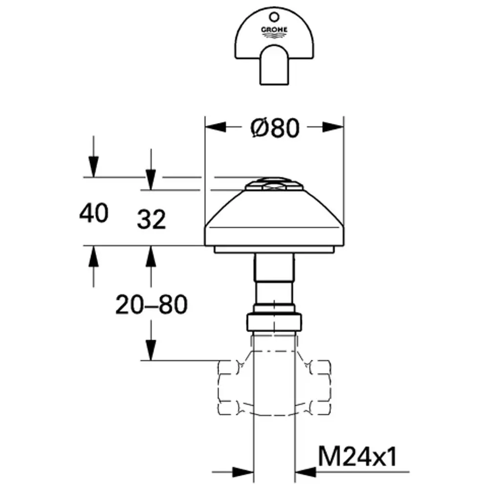 Technische Zeichnung eines GROHE Ventils mit Maßangaben. Oft verwendet in Sanitärinstallationen. Enthält Symbole für Durchmesser und Anschlussgrößen.