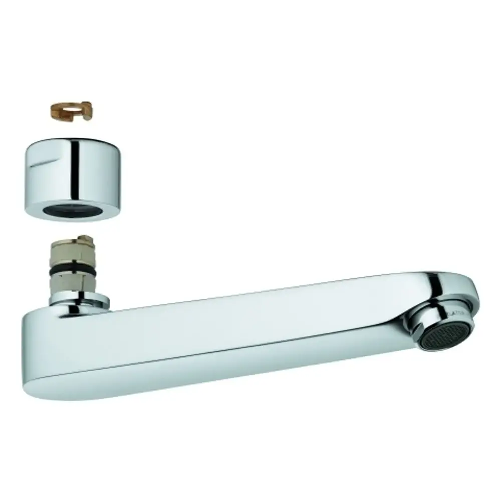 GROHE Gussauslauf in verchromter Ausführung, mit rundem Kopf und einem geraden Auslauf. Teile sind sichtbar, darunter ein ringförmiges Bauteil und der Anschlussansatz.