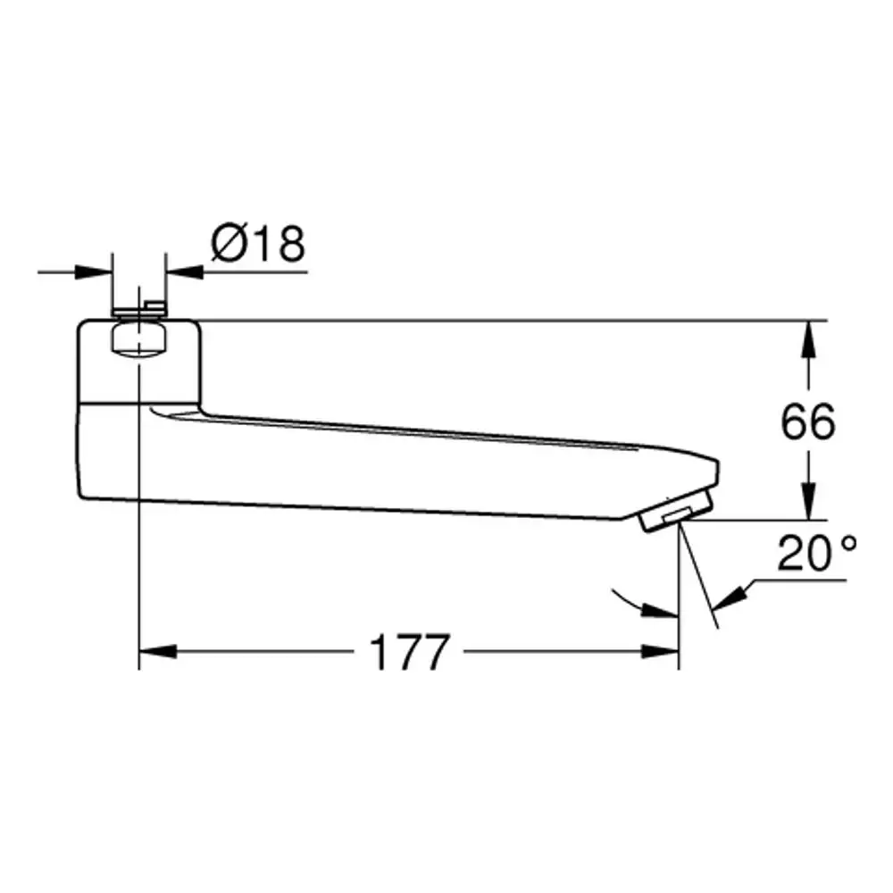 GROHE Auslauf mit einer seitlichen Ausladung und einer Neigung von 20°, detaillierte technische Zeichnung mit Maßangaben und Durchmesser.