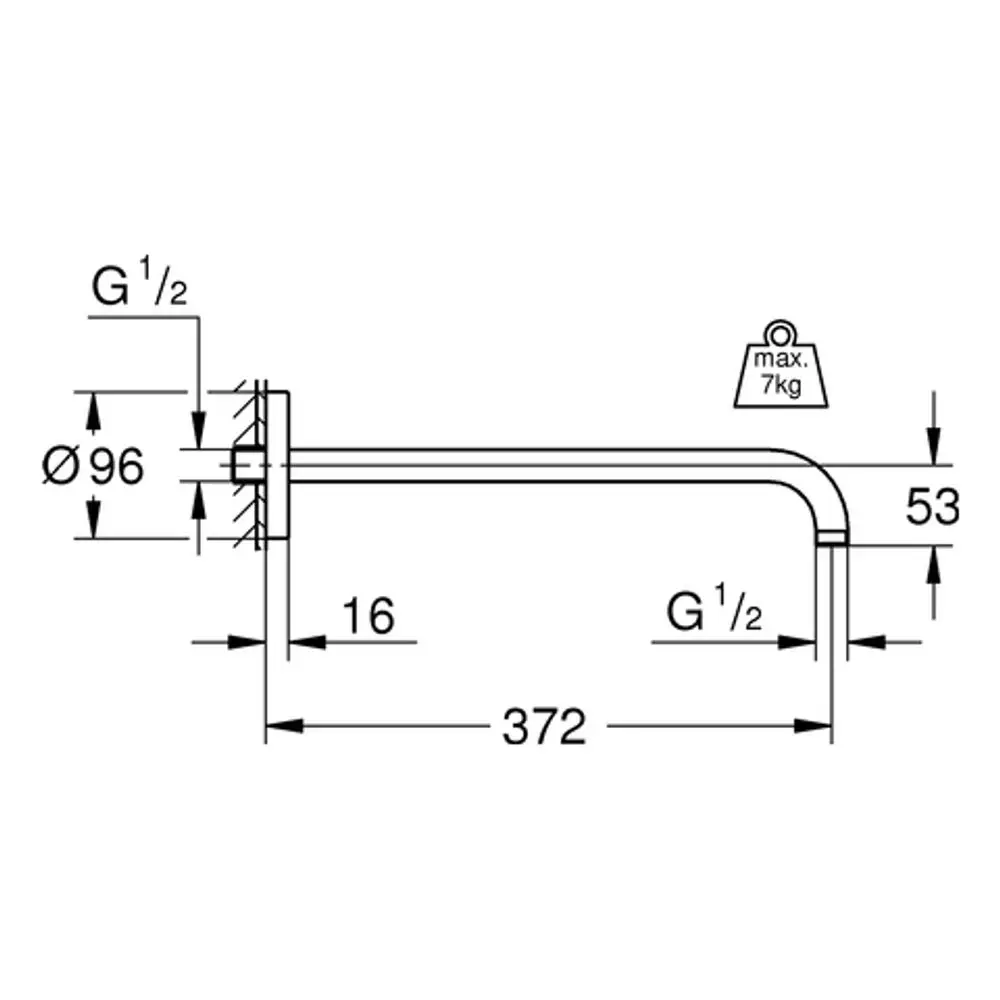 Grohe Brausearm mit einer Ausladung, gerade Form und Wandmontage. Detaillierte technische Zeichnung mit Maßen und Belastungsangabe.