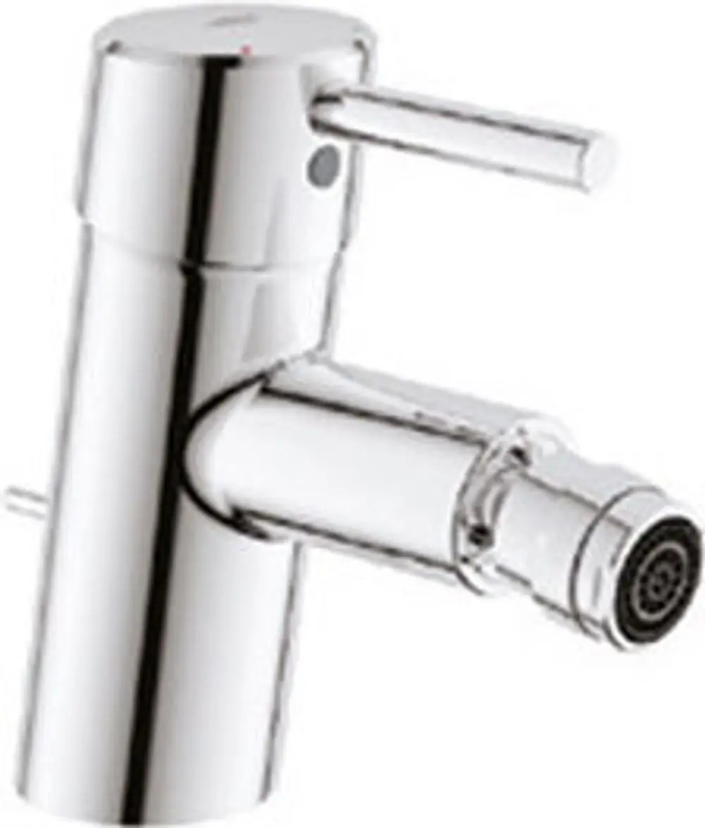 Chromfarbener Bidet-Mischbatterie von Grohe mit seitlichem Hebel und Zugstangen-Ablaufgarnitur. Kompakte, moderne Form für die Nutzung im Badezimmer.