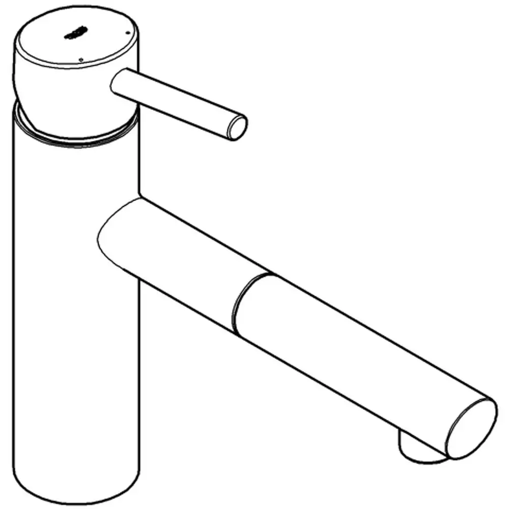 Ein Grohe-Wasserhahn in schlichter Form mit einem ausziehbaren Schlauch und einem runden Kopf, geeignet für Küchen- oder Waschbecken.