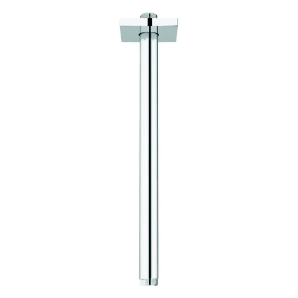 Grohe Deckenrosette mit quadratischer Basis, senkrechtem Rohr aus verchromtem Material. Einfaches Design ohne sichtbare Maße oder spezifische Details.