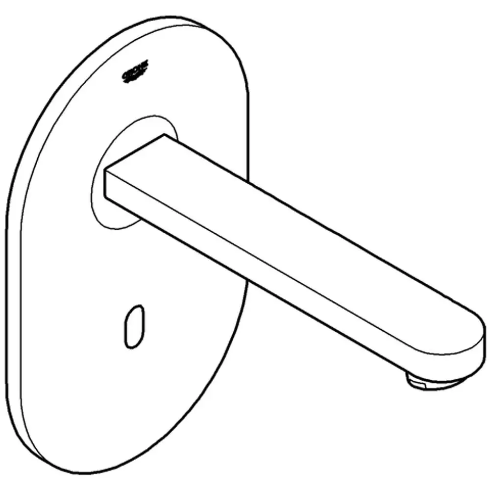 GROHE-Produkt mit einer chromfarbenen, rechteckigen Armatur und ovaler Montageplatte, geeignet für die Installation an einer Wand.