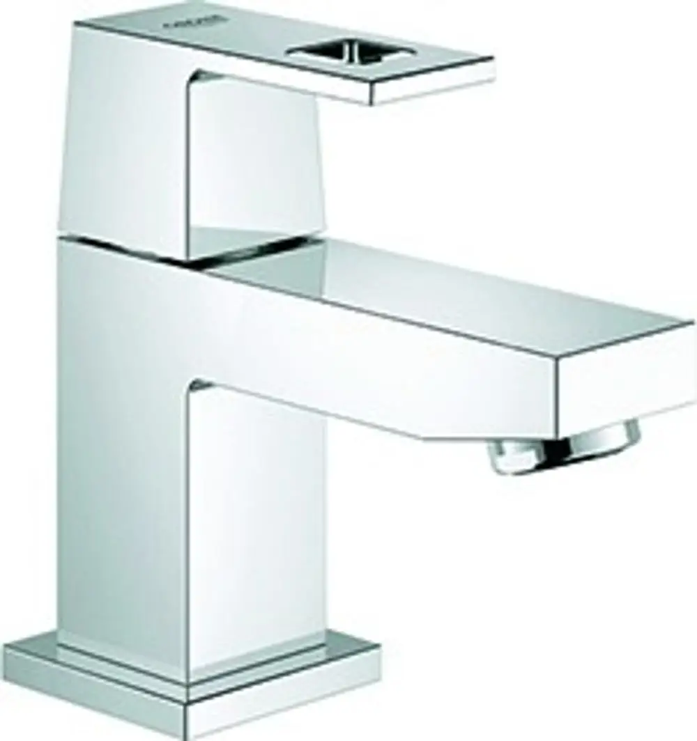 Chromfarbenes Grohe-Standventil mit eckigem Design und fließender Wasseroberfläche. Ideal für moderne Badezimmer-Installationen.