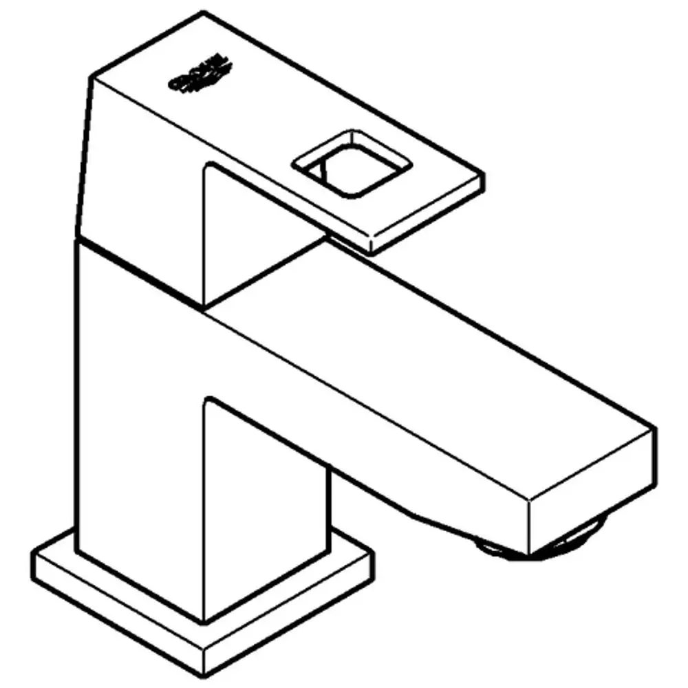 Ein Grohe Wasserhahn in kubistischem Design mit gerader Form, einem Hebel oben und Abflussöffnung am Boden. Gezeigt ist die Seite des Hahns mit einer klaren Struktur.