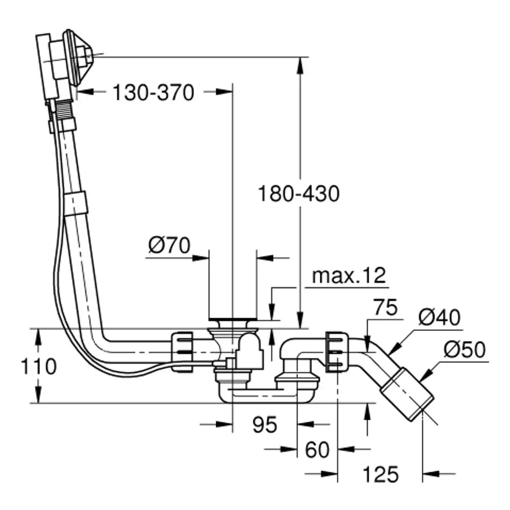 Grohe Wannenab- und Überlaufgarnitur mit mehreren Anschlüssen und verstellbaren Maßen, dargestellt in technischer Zeichnung. Übersichtliche Montageskizze mit Dimensionen.