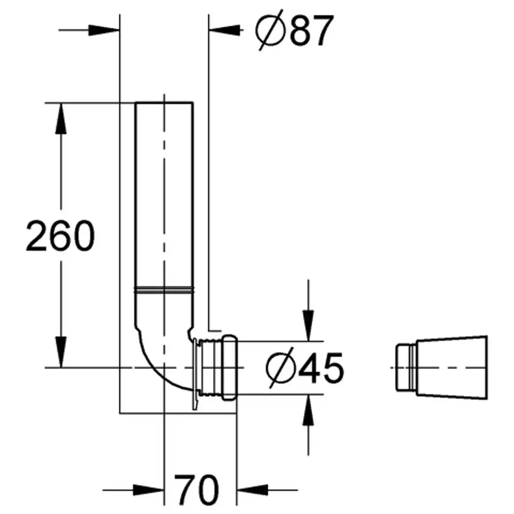 GROHE Wandeinbau-Spülrohr mit L-Form, Rohrdurchmesser 87 mm und 45 mm, zeigt Maße und Biegung für die Installation in Wandeinbau-Spülkästen.