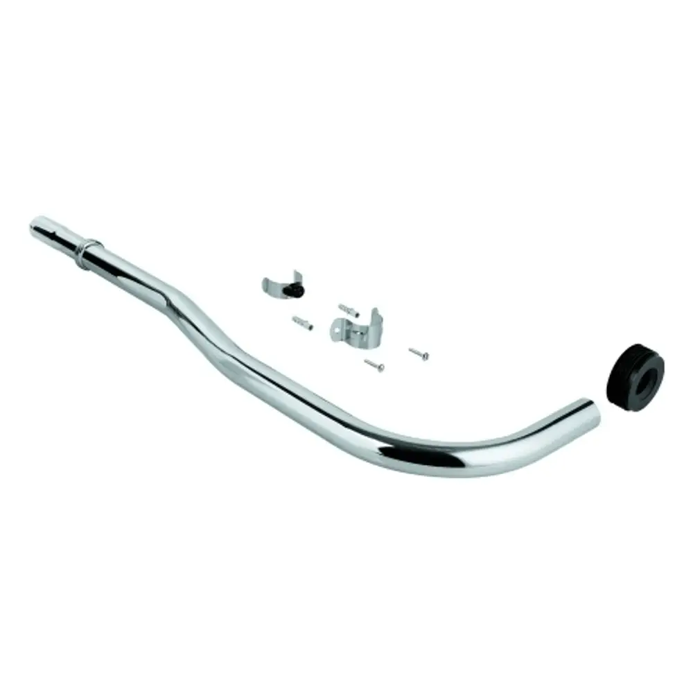 Grohe Spülrohr in chromfarbener Ausführung, gebogene Form mit Befestigungselementen und Gummistopper für Sanitärinstallationen.