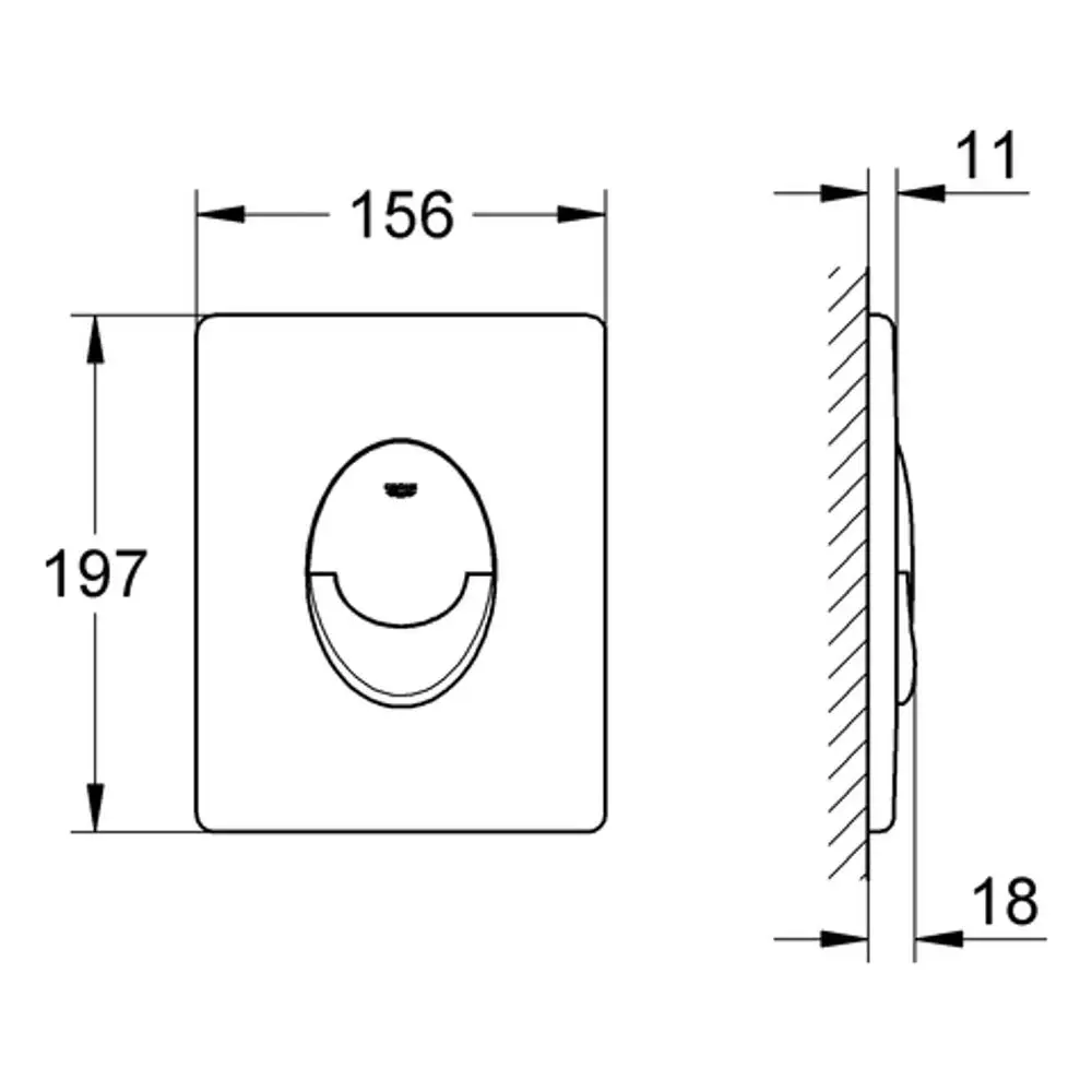 GROHE WC-Betätigung in senkrechter Bauform, quadratisches Design mit ovalem Knopf. Die Montage erfolgt auf einer glatten Oberfläche.