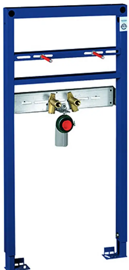 Blaues Montagesystem von Grohe für Waschtische mit zwei Anschlussstellen und einer zentralen Bedieneinheit. Geeignet für die Installation einer Einlocharmatur.