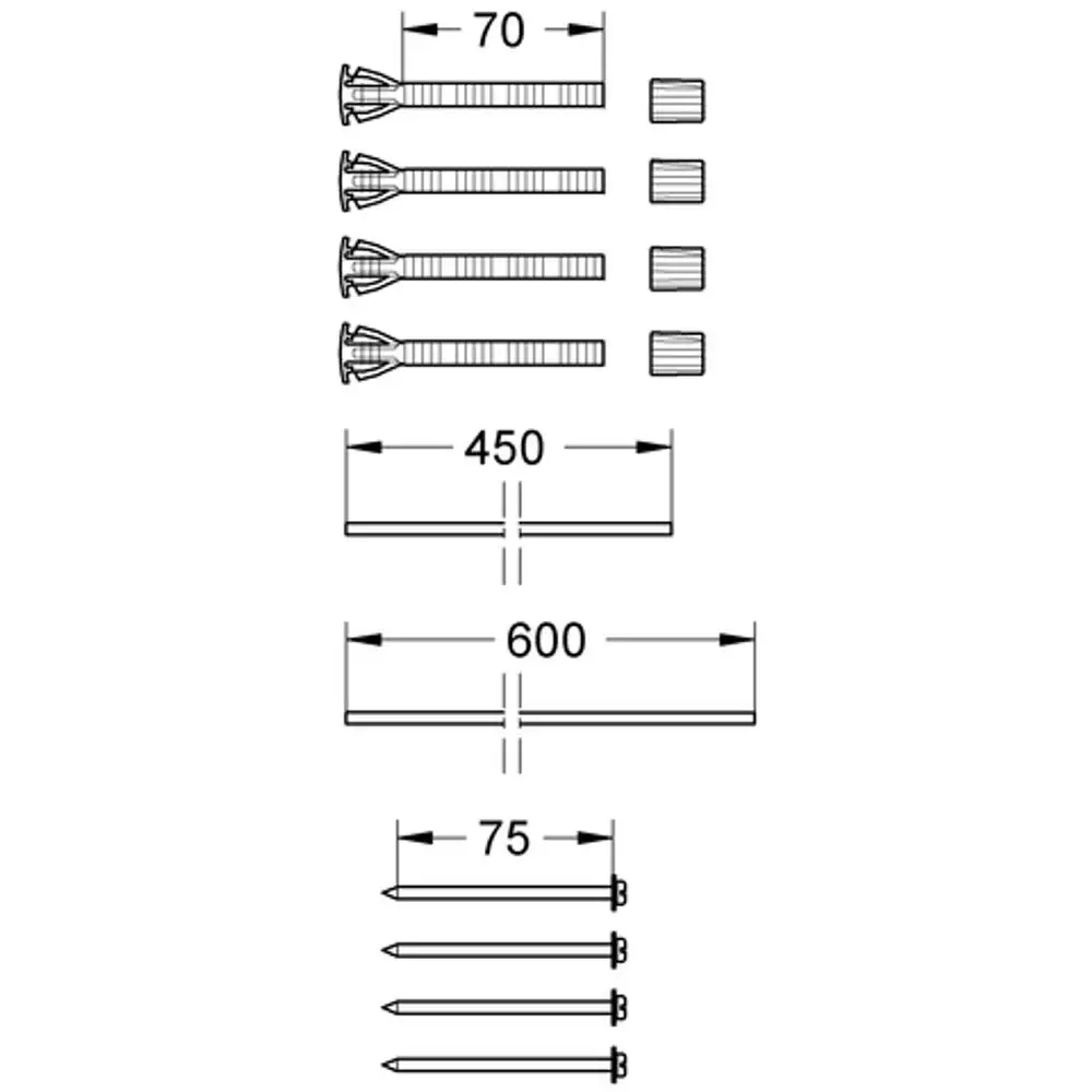Technisches Diagramm eines Grohe Verlängerungssets mit verschiedenen Komponenten, einschließlich Abdeckplatten und Verbindungselementen in unterschiedlichen Maßen.