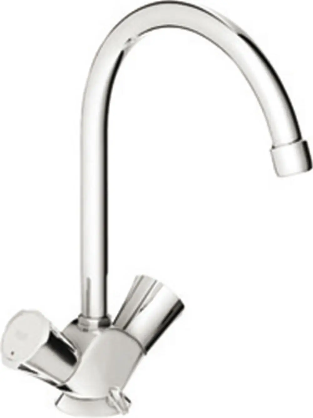 Wasserhahn in Chromoptik mit gebogenem Auslauf und zwei Griffen für Temperatur- und Durchflussregelung, hergestellt von Grohe.