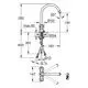 GROHE Armatur mit zwei Griffen und flexibler Auslaufhöhe, geeignet für Niederdrucksysteme, mit klaren Dimensionen und Anschlüssen sichtbar im technischen Zeichnungsformat.