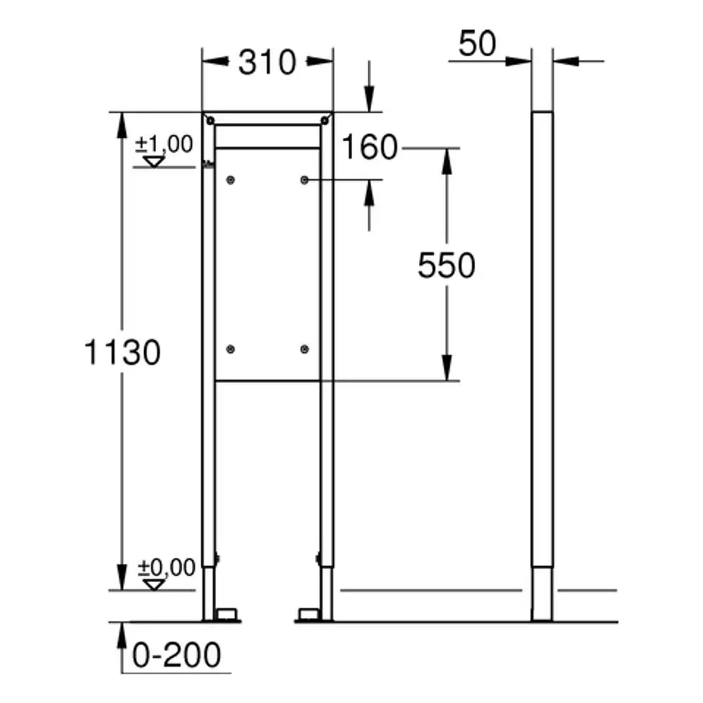 Wandmontiertes Halteelement von Grohe, mit vertikalen Stützen und einer rechteckigen Halterung. Darstellung mit Maßen zur Installation und Fixierung.