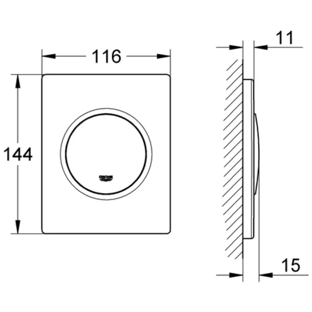 GROHE Betätigungsplatte in rechteckiger Form, mit runder Drucktaste, montiert auf einer Wand. Maße und Details sind im Diagramm vermerkt.