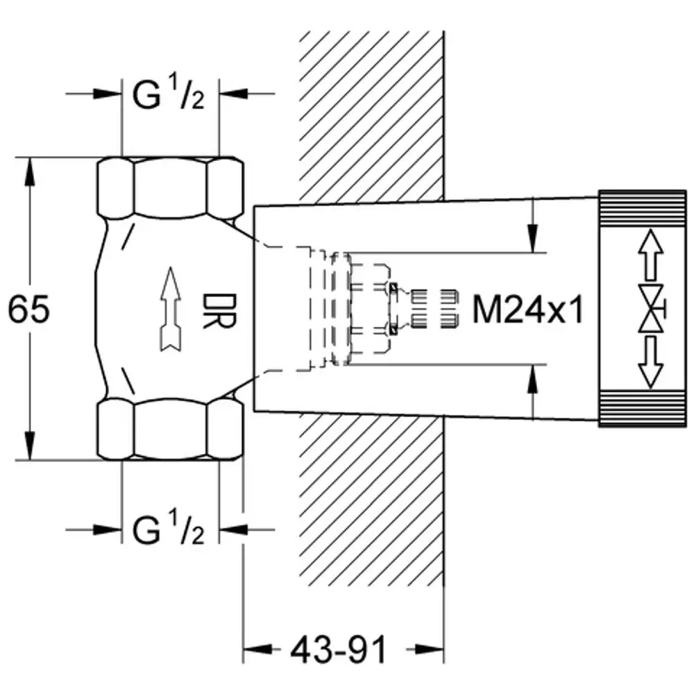 GROHE Ventilunterteil mit zwei G1/2-Anschlüssen und M24x1 Gewinde, dargestellt in einem schematischen Diagramm mit Maßangaben.