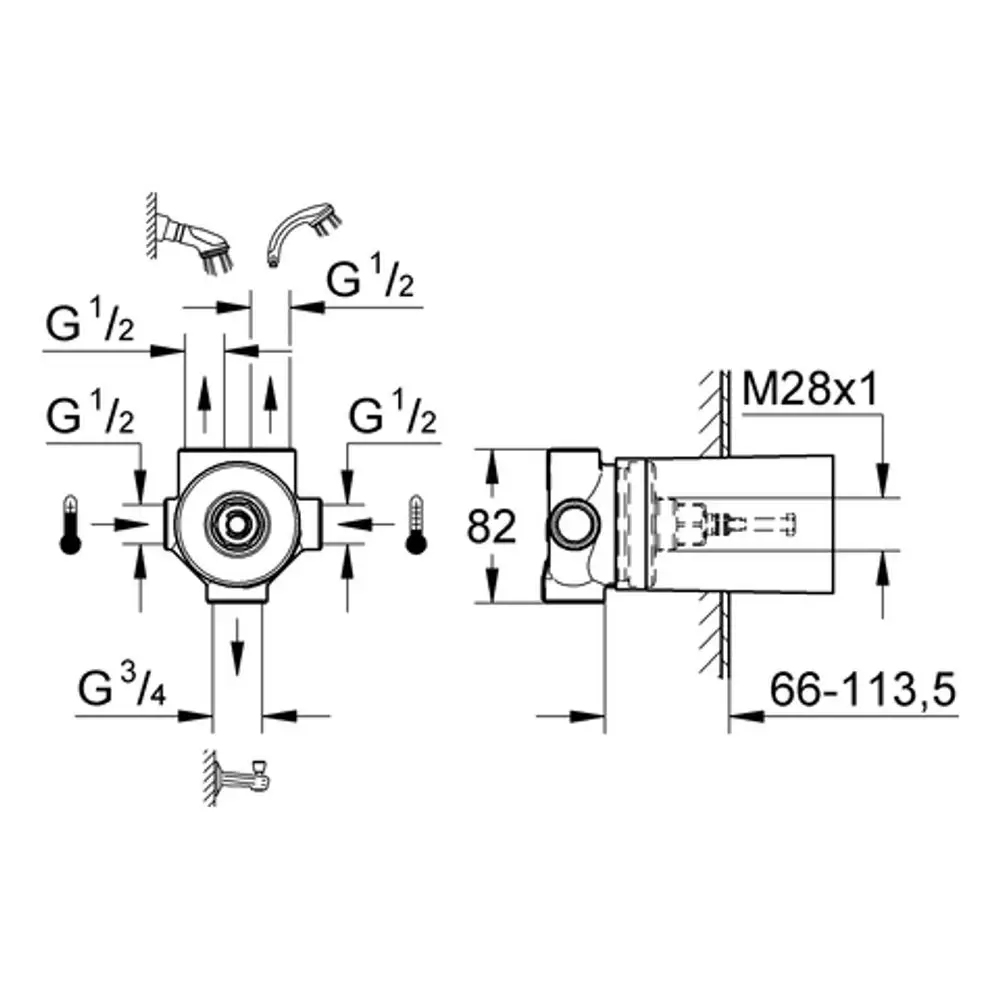 GROHE Umstellungselement mit mehreren Anschlüssen und verbindenden Rohren, zur Installation im Unterputzbereich, abgebildet in technischen Zeichnungen.