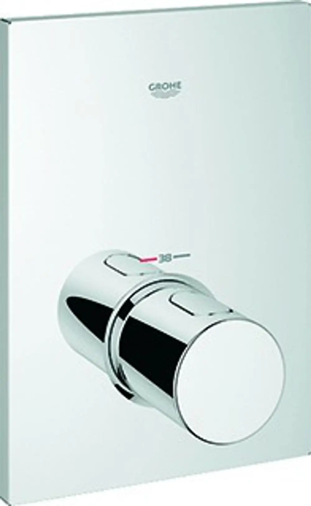 Thermostat-Batterie von Grohe in Chromausführung, bestehend aus einem Drehknopf zur Temperatureinstellung und einer klaren Frontplatte.