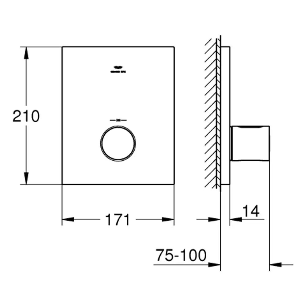 Wandmontierte Grohe Thermostat-Batterie mit rundem Bedienregler und Abmessungen in der Zeichnung. Detailansicht zur Montage an der Wand.